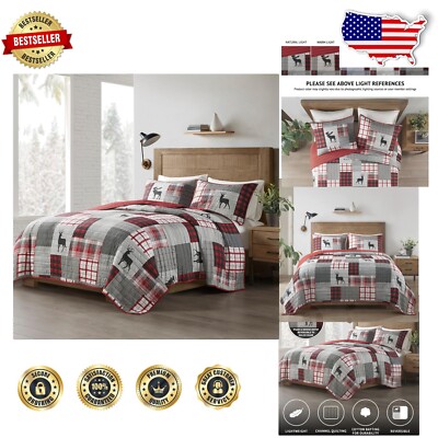All-Season Moose Red Oversized Quilt with Matching King Shams for Cozy Retreat-image