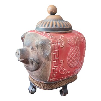 Pier 1 Imports Metal Pig w/Ceramic Asian Scroll Pineapple Design Footed Jar-image