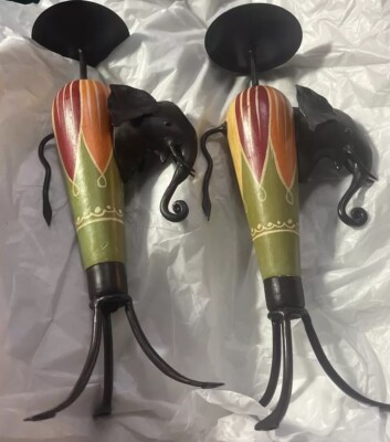 2 Vintage Pier 1 Imports African Elephant Wood & Metal Candle Holder-image