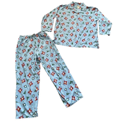 Nordstrom Pajama Set Womens M Christmas Tree Reindeer All Over Print Flannel PJs-image