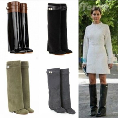Gothic Women's Wedge Heels Casual Suede Leather Boots Fold-Over-Knee-High Boots-image