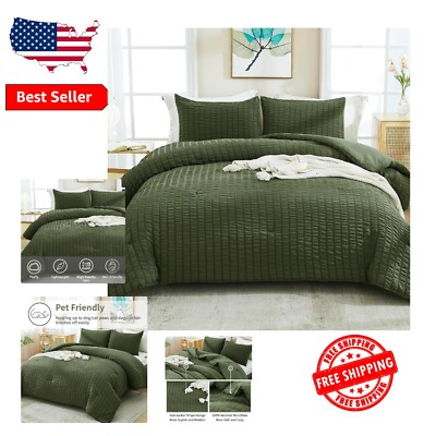 Elegant Dark Olive Green 3-Piece Seersucker Comforter Set for Stylish Homes-image
