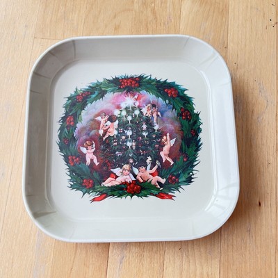 Design Imports Melamine Serving Tray Christmas Wreath Cherubs Bows Italy Vtg-image