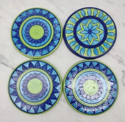 Pier One Ceramic Coasters Vibrant Greens Blues Design Round Set of 4 Vintage -image
