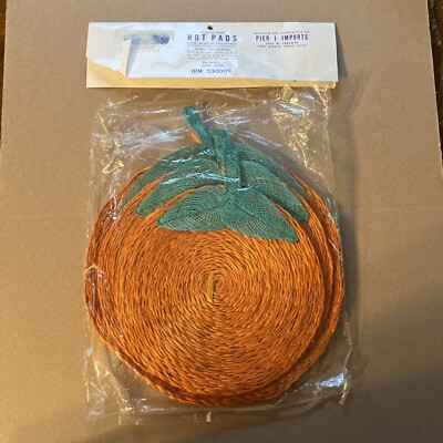 Vintage Pier 1 imports 100% Hemp Rattan Hot Pads Trivet Wicker Pumpkin Shape-image