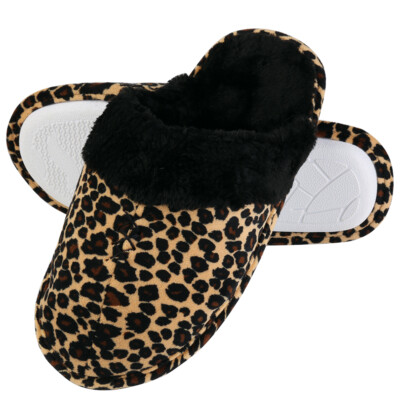 Aerusi Women Winter Warm Leopard Print Faux Fur Slippers Memory Foam House Shoes-image