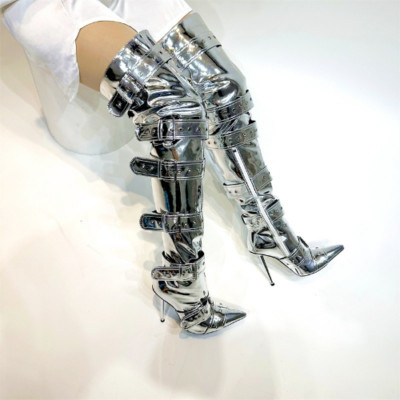 New European Over Knee Sexy Boots Pointed Button Rivet Thin High Heels Shoes-image