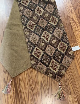 Pier One imports beaded table runner brown earthtones Tassels Diagonal Pattern-image