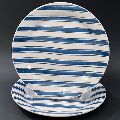 Set 2 Pier 1 Exclusive Blue White Stripe Hand Painted Salad Plates 8.75