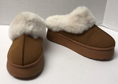 Womens Sz 5.5 Tan Suede Faux Fur Warm Fluffy Winter Mules Slippers-image