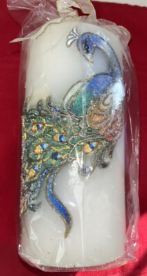 NEW 7” COLORFUL PEACOCK DESIGN PILLAR CANDLE BY PIER ONE IMPORTS-image