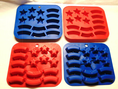 4 New Silicone Stars and Strips Ice Cube Trays 2 Red 2 Blue-image
