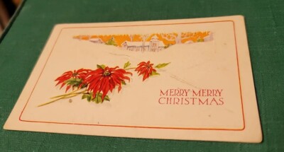Antique Merry Merry Christmas Postcard Cozy Snowy Village Poinsettias Trees-image
