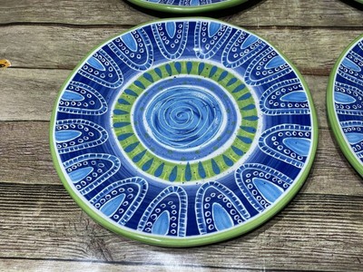 Lot of 4 Pier 1 Imports Cortez Salad Plate Green Blue Hand Painted 8 3/4