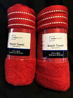 Beach Towels Mainstays 27” X 58” 100% Cotton 2-Pack Red w White Trim PET RESCUE-image