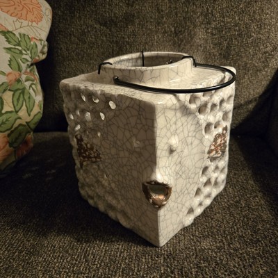 Pier 1 Imports Blow Fish Tea Light Candle Holder Box Ceramic Reticulated Crazing-image