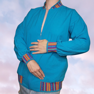 Vtg 80s Blair Boutique Blue Colorful Bomber Wind Breaker Jacket w/ Pockets Sz M-image