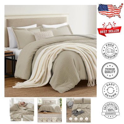 Modern Beige King Comforter Set, 3-Pcs Lightweight and Cozy All-Season Bedding-image