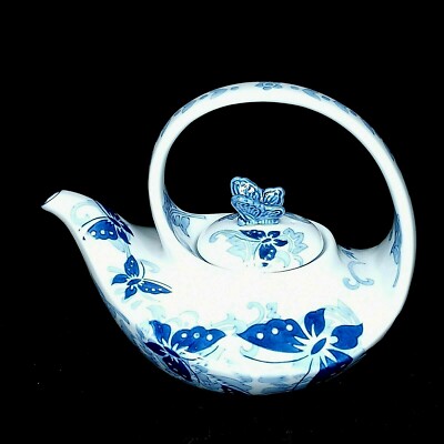 Pier 1 One Imports Teapot Butterfly Design Blue White Porcelain Hand Paint w/Lid-image