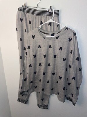 Disney Ladies 2 Piece Cozy Lounge Pants Pajama Set Gray with Mickey Faces Size L-image