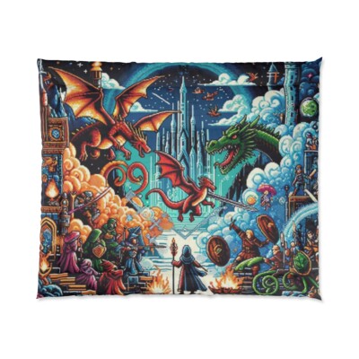 King Size Comforter Retro Video Game Battle 8-bit Dragon Wizard Quest Magic Art-image