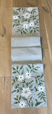 Pier 1 Table Runner Jute with 3D Neutral Flowers Beads Embroidery Holiday-image