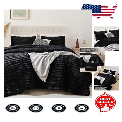 Cozy All Season King Size Bedding Set - Black Fluffy Comforter with Pillowcases-image
