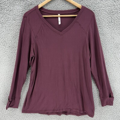 COZY Ultra Lite Maroon Comfort Ribbed V-Neck Long Sleeve Shirt Top Women's 1X-image