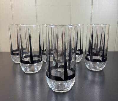 Vintage MCM Edgar Watkins Pyramid Drinking Glasses Set of 8 Clear & Black-image