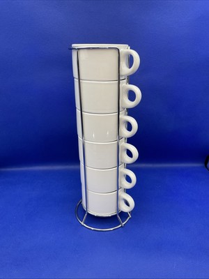 Pier 1 Imports White Stoneware 6 Stacking Tower Coffee Cup Mug 8 Oz & Metal Rack-image