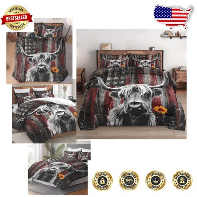 Soft and Cozy King Size Bedding Set - Vibrant Highland Cow & American Flag-image