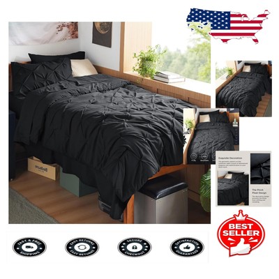 Twin XL 5-Piece Pinch Pleat Comforter Set - Modern Black Bedding for Students-image