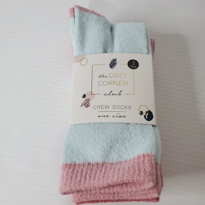 The Cozy Corner Club Crew Women's Socks One Size 3 Pair Pack Pink Blue New -image