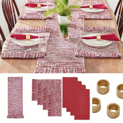 Mainstays Woven Fringe 13-Piece Coordinated Table Runner Dining Set, Rusty Brick-image