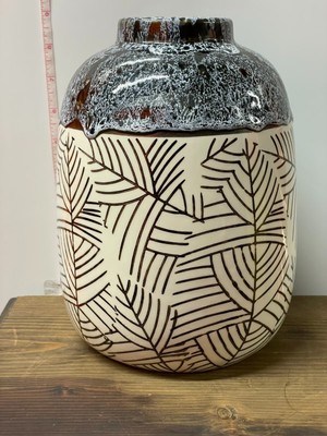 Blue Brown White Leaf Design Ceramic Vase 9in New Pier 1 Imports-image