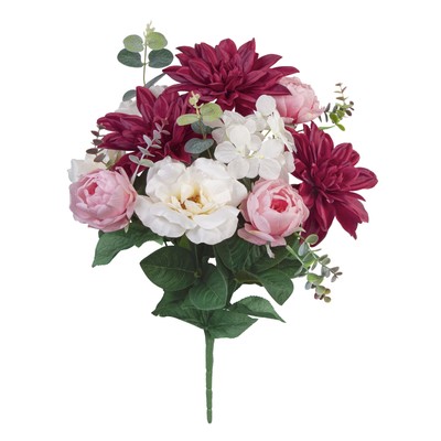 19-inch Artificial Silk Burgundy Dahlia & White Tea Rose Mixed Flower Bouquet-image