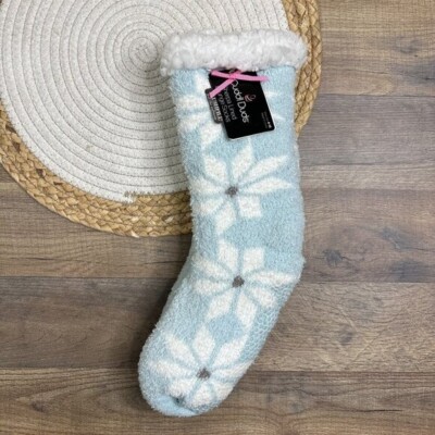 Cuddl Duds Sherpa Lined Lounge Socks Blue Snowflake Womens 4-10 NEW w TAGS-image
