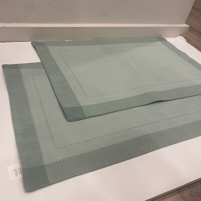 Pier 1 Imports Sage Mint Blue Stitched Border Cotton Placemats Set of 2 India-image