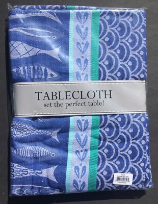 Design Imports Tablecloth 52” x 52” Fish Ocean Sea Blue Green Summer DII New-image