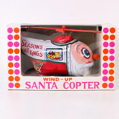 Vintage Win Wind-Up Yuletide Santa Claus Copter Reindeer Seasons Greetings - NOS-image