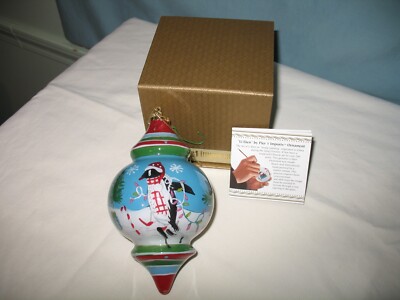 2017 PIER 1 IMPORTS PENGUINS GETTING READY FOR CHRISTMAS TIERED ORNAMENT W/BOX!-image