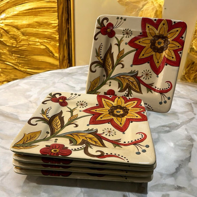 Pier 1 Imports Set of 5 Carynthum Floral Hand Painted Square Salad Plates 8 3/4”-image