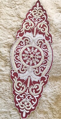 BRAND NEW PIER 1 MEDALLION RED BEIGE WHITE BEADED TABLE RUNNER 13X36