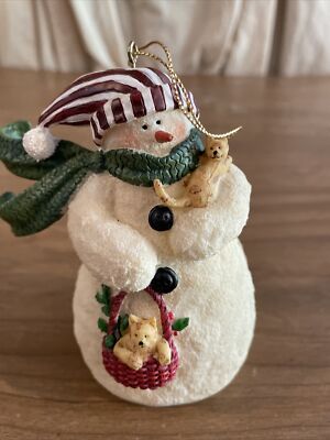 Vtg Deb Strain Winter Christmas Snowman with Kittens Cats Ornament Raz Imports-image