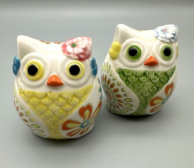 Pier 1 Owl Salt & Pepper Shaker Set  Ceramic With Hand Painted Floral Design EUC-image