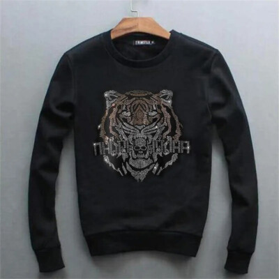 New Fashion Men Tiger Trend Rhinestones Velvet Winter Warm Sweatshirt Hoodie-image