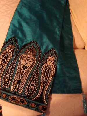 Pier 1 Imports Jacquard Table Runner Teal/Black Embroidered Beads Tassels 72X13