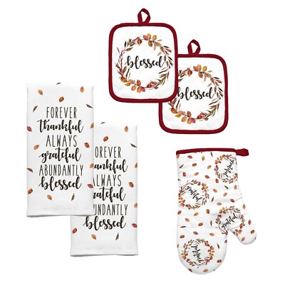 Always Grateful Blessed Kitchen Towels Potholder Oven Mitt 5-Pc Autumn Leaves-image