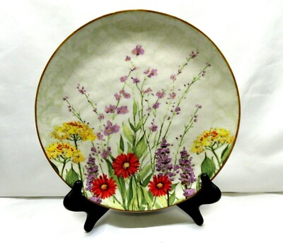 Pier1 Botanical Gardens Earthenware Dinner Plate Floral Light Green Tan Trim-image