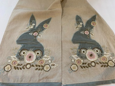 Pier One Easter Table Runner Linen Beaded Embroidery Bunny Rabbit Velvet Spring-image